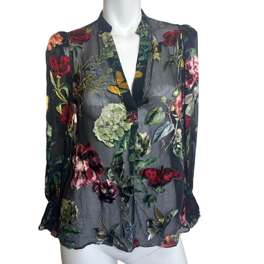 Alice + Olivia Sheer Floral Velvet Burnout Blouse Size XS - Picture 12 of 12